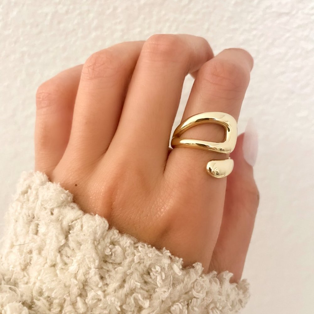 925 Sterling Silver Gold Chunky Bold Statement Ring Large Wrap Ring - Picture 3 of 6